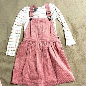 Pink corduroy skirt overalls with matching striped top set